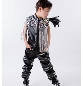 Black white sequins rhinestones leather fringes boys kids children drummer school play hip hop jazz stage performance costumes outfits
